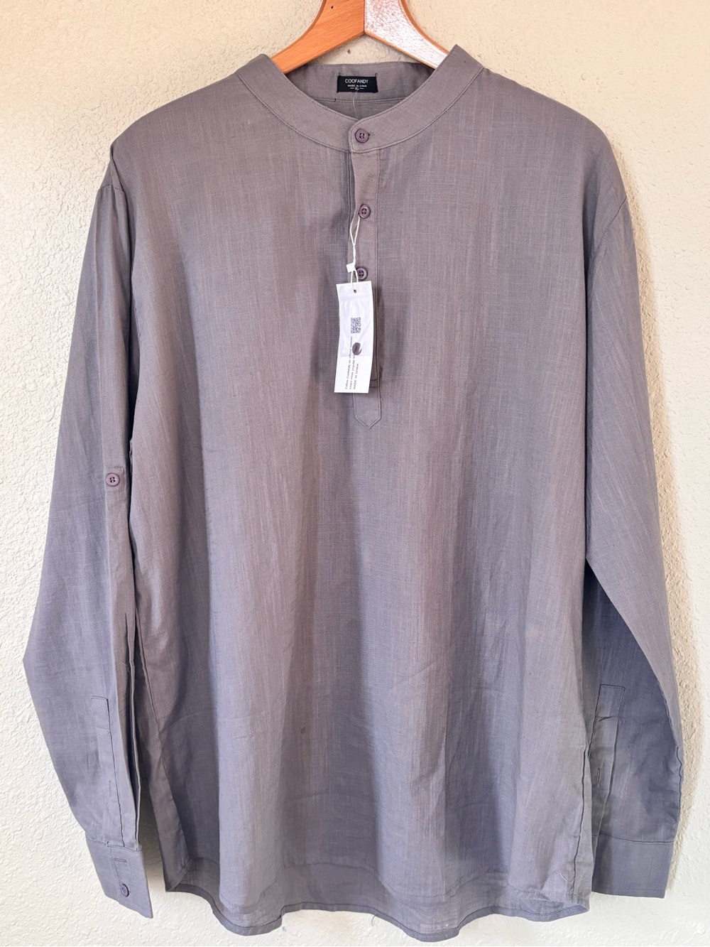 New COOFANDY Men's Cotton Hemp Shirt Long sleeved band collar in Gray. Men’s XL